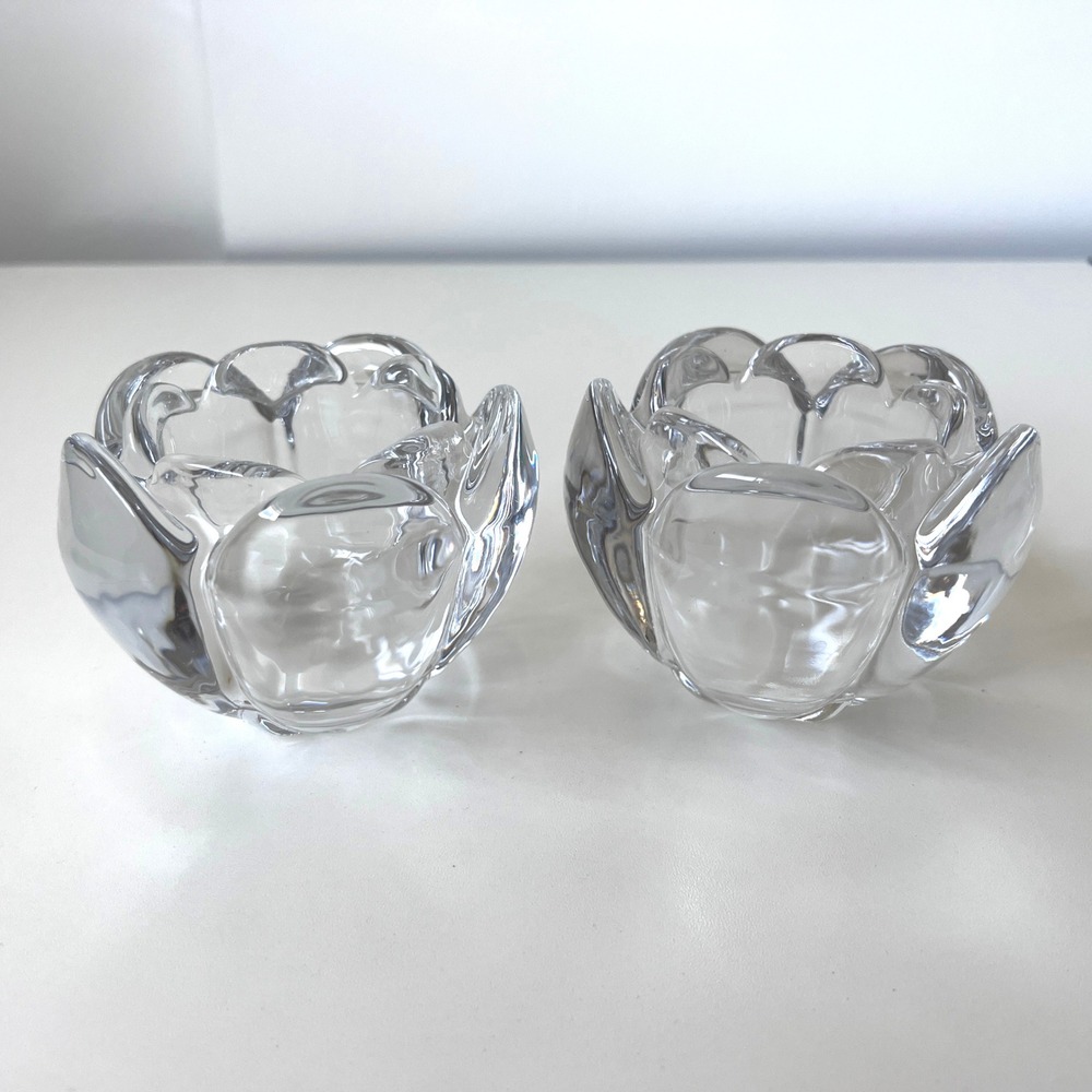 Pair Vintage Clear Art Glass Lotus Flower Votive Candle Holders Heavy Decor